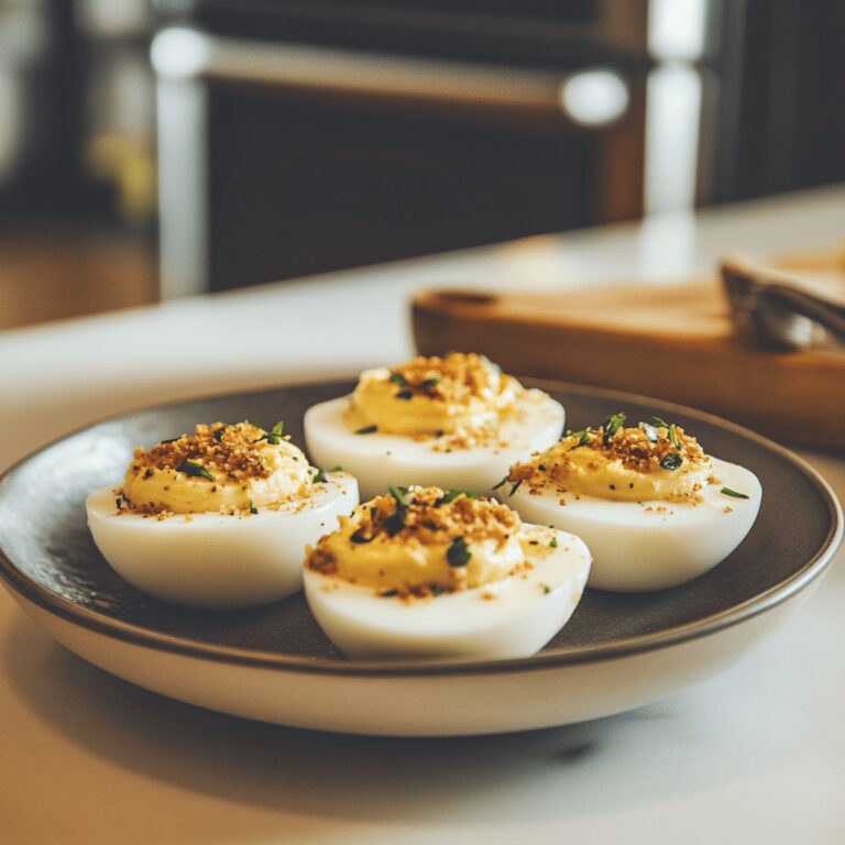 A warm and inviting modern kitchen scene filled with natural light, featuring an array of deviled egg dishes presented on a stylish countertop. The background includes cooking utensils, bowls filled with fresh ingredients like eggs, herbs, and spices, and small touches like a cozy table setting. The atmosphere is friendly and homely, capturing the essence of a food blog while showcasing the culinary process without focusing on a single dish.