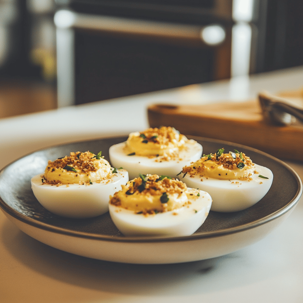 A warm and inviting modern kitchen scene filled with natural light, featuring an array of deviled egg dishes presented on a stylish countertop. The background includes cooking utensils, bowls filled with fresh ingredients like eggs, herbs, and spices, and small touches like a cozy table setting. The atmosphere is friendly and homely, capturing the essence of a food blog while showcasing the culinary process without focusing on a single dish.