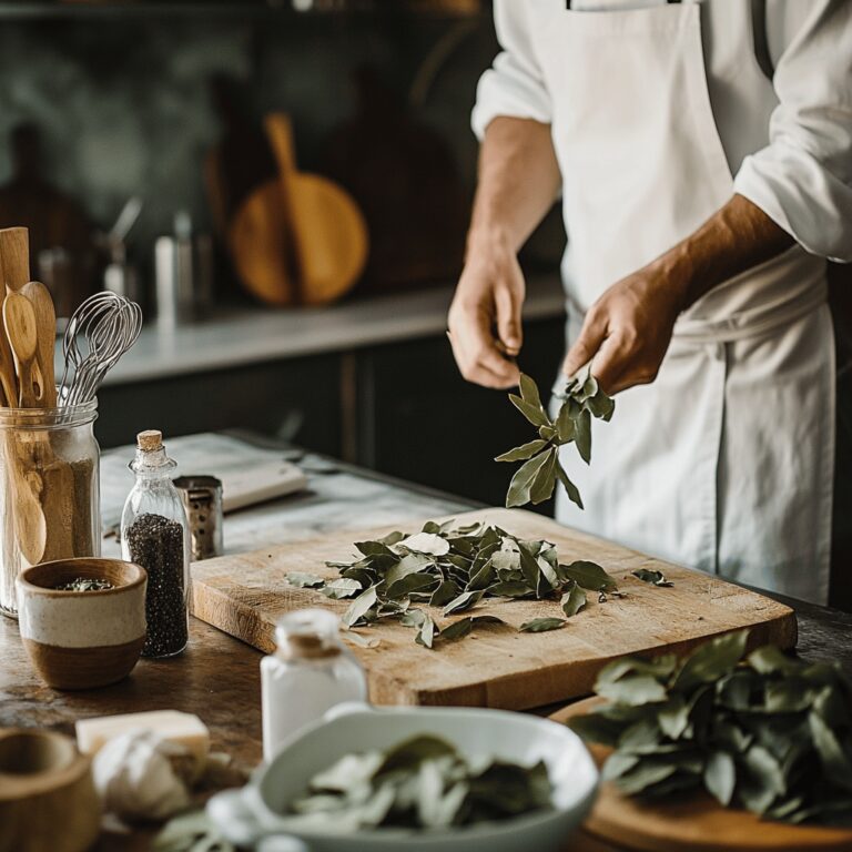 A warm and inviting modern kitchen scene featuring an array of cooking tools, fresh ingredients, and subtle hints of bay leaves scattered among utensils and bowls. The lighting is soft and natural, creating a cozy atmosphere that reflects the theme of cooking and culinary discussion. The countertops are neatly organized, showcasing a blend of homely charm and professional aesthetics, inviting viewers to explore the culinary debate at hand.