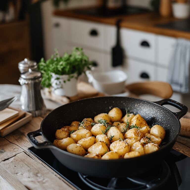 A warm and inviting modern kitchen featuring a variety of cooking tools and ingredients arranged thoughtfully around a countertop. Soft, natural lighting illuminates the scene, highlighting rustic utensils, colorful bowls, and fresh produce, all contributing to a cozy yet professional atmosphere. The overall composition suggests a vintage vibe, subtly evoking the theme of Delmonico potatoes while avoiding a singular focus on one dish.