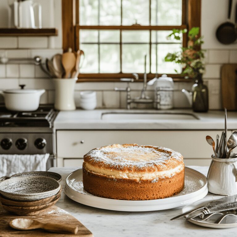 An inviting and visually appealing image of a modern kitchen with a warm, cozy vibe, showcasing various cooking tools and ingredients related to baking. The scene captures a friendly, natural light illuminating the kitchen details like utensils, bowls, and countertops, subtly reflecting the theme of a food blog post about the 135-year-old Lane Cake recipe made famous by Harper Lee, without focusing on a single dish.