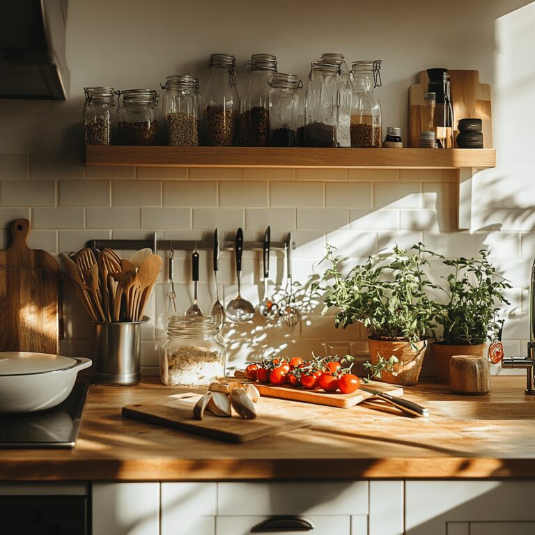 A warm, inviting modern kitchen scene featuring various cooking utensils, colorful ingredients, and neatly arranged bowls on countertops. Soft, natural lighting fills the space, highlighting the homely yet professional atmosphere. Subtle details hint at the blog's theme of kitchen hygiene, such as a spotlight on frequently overlooked areas like cutting boards or sponges, without showcasing a specific dish.