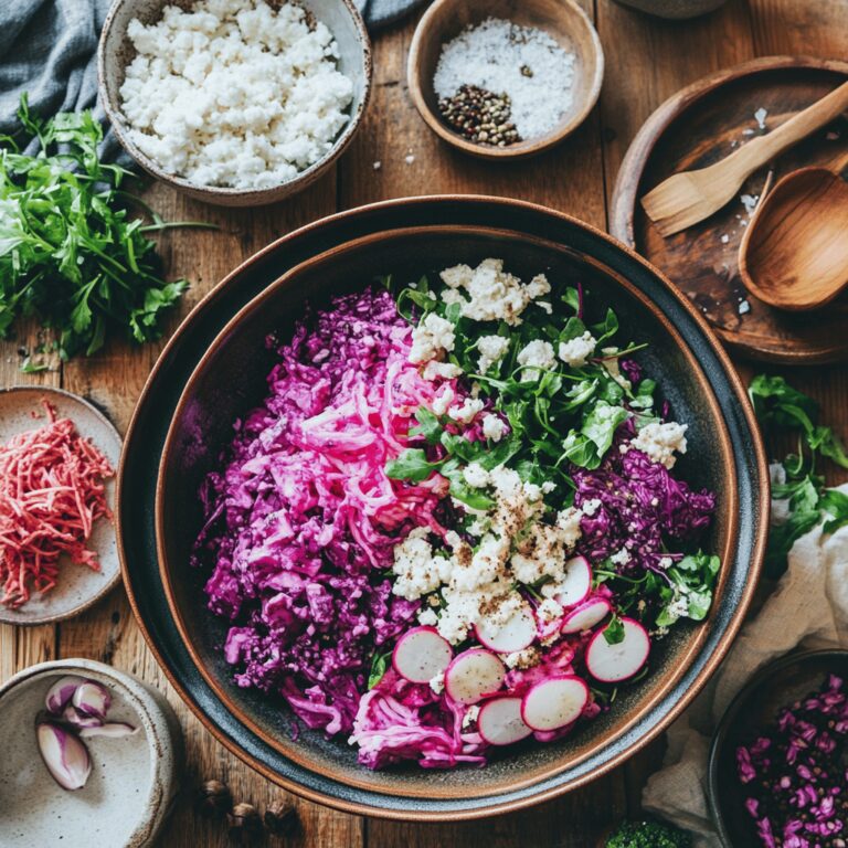 A cozy modern kitchen scene featuring a colorful array of fresh ingredients and vintage cooking tools, with a mix of bright bowls and utensils casually arranged on a warm wooden countertop, soft natural lighting creating an inviting atmosphere, subtly showcasing the theme of a five-ingredient vintage salad without highlighting any single dish.
