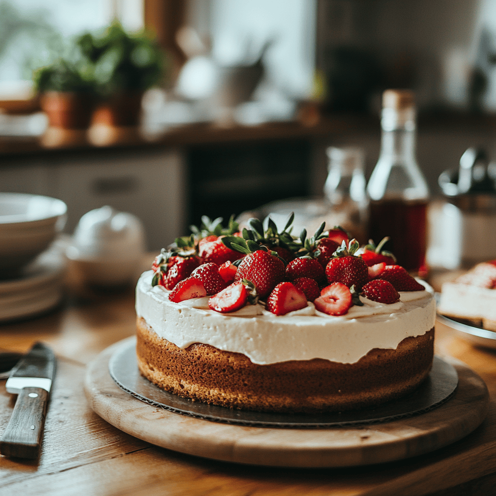 A warm and inviting modern kitchen scene featuring an array of strawberry cakes displayed on a counter, surrounded by fresh strawberries, baking utensils, mixing bowls, and kitchen tools. Soft, natural lighting enhances the cozy atmosphere, while subtle cooking elements reflect the blog's theme of family-friendly recipes. The overall composition feels homely yet professional, inviting viewers to explore the delicious strawberry cake recipes.