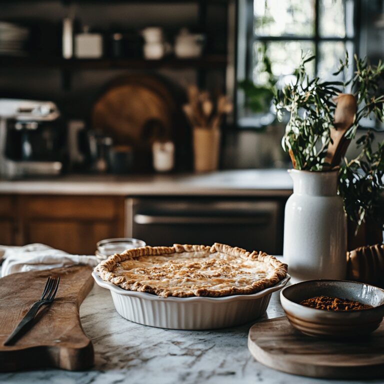 A warm, inviting kitchen scene featuring a variety of cooking tools, fresh ingredients, and baking utensils arranged thoughtfully on a countertop. Soft, natural light fills the space, highlighting textures and colors that evoke a cozy atmosphere. The setting subtly suggests the theme of comfort food, with hints of rustic charm and modern design elements, creating a visually appealing backdrop for a food blog about the timeless appeal of Robert Redford Pie.