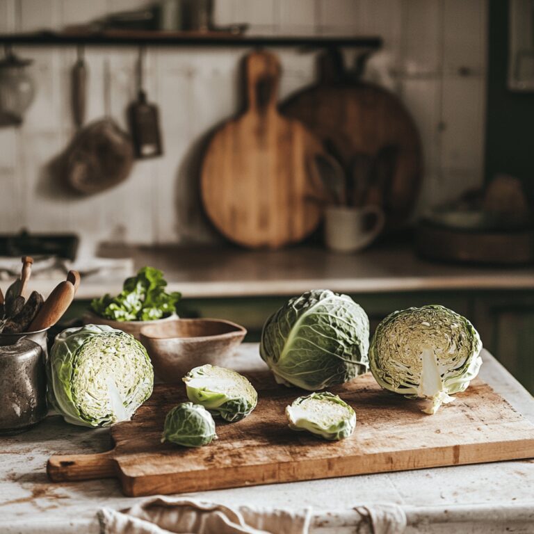A warm and inviting modern kitchen filled with natural light, showcasing a variety of cooking tools, bowls, and ingredients related to cabbage preparation. The scene features a mix of neatly organized utensils on a countertop, vibrant fresh cabbage heads, and spices, all arranged in a cozy, homely manner that evokes a sense of culinary creativity and comfort. The atmosphere is friendly and inviting, perfect for a food blog about cooking techniques.