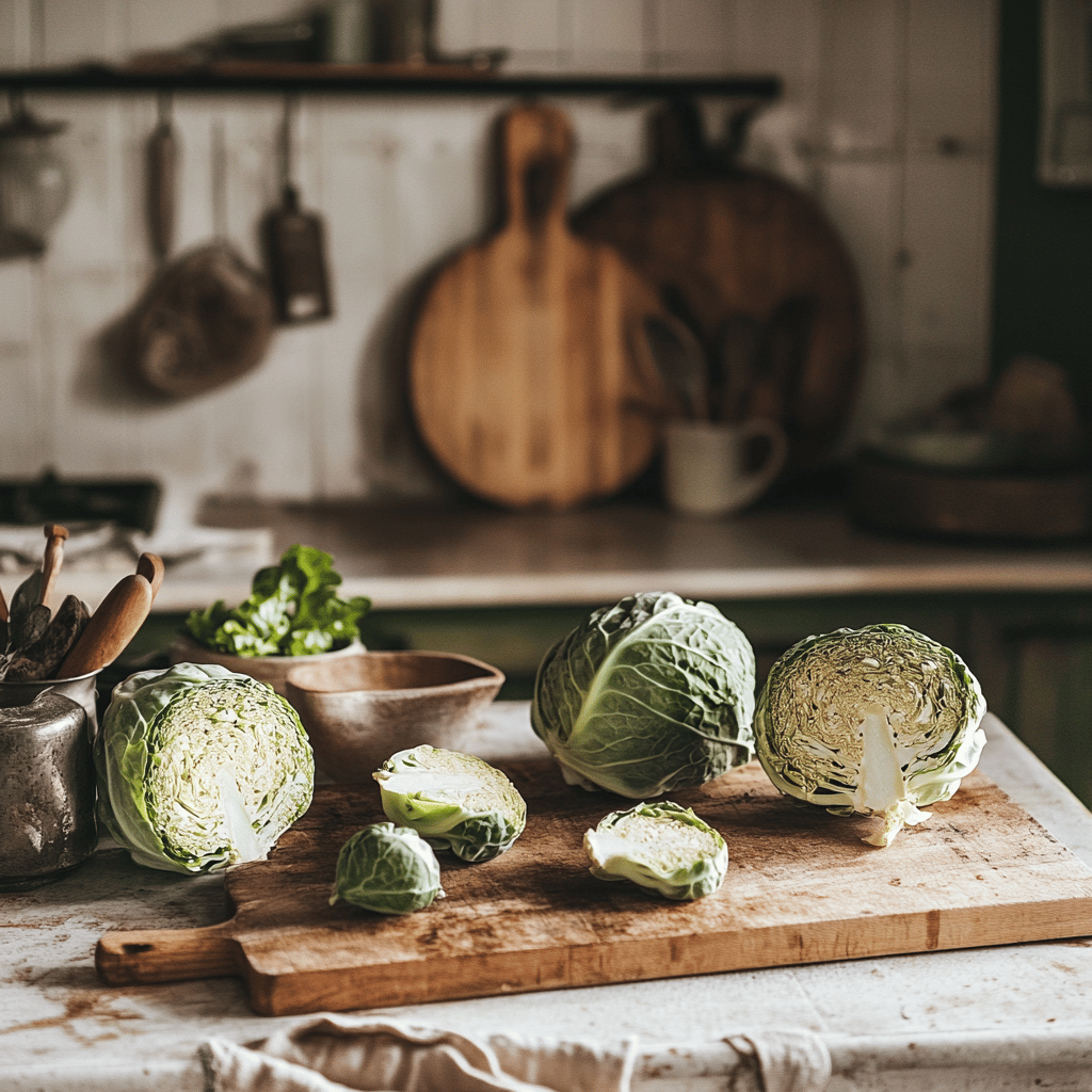 A warm and inviting modern kitchen filled with natural light, showcasing a variety of cooking tools, bowls, and ingredients related to cabbage preparation. The scene features a mix of neatly organized utensils on a countertop, vibrant fresh cabbage heads, and spices, all arranged in a cozy, homely manner that evokes a sense of culinary creativity and comfort. The atmosphere is friendly and inviting, perfect for a food blog about cooking techniques.