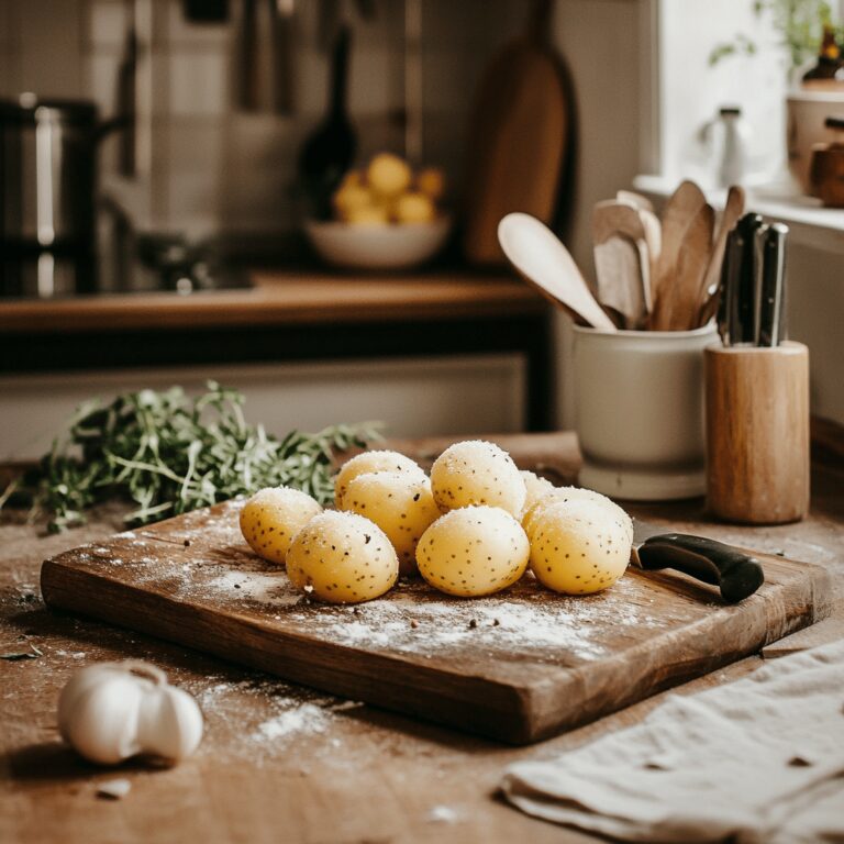 A warm and inviting modern kitchen filled with natural light, featuring a variety of cooking tools and ingredients related to potato dishes. Counters adorned with utensils, bowls, and various spices, creating a cozy yet professional atmosphere. The overall scene evokes a sense of homeliness, without focusing on a single dish, illustrating the joy of cooking with potatoes.