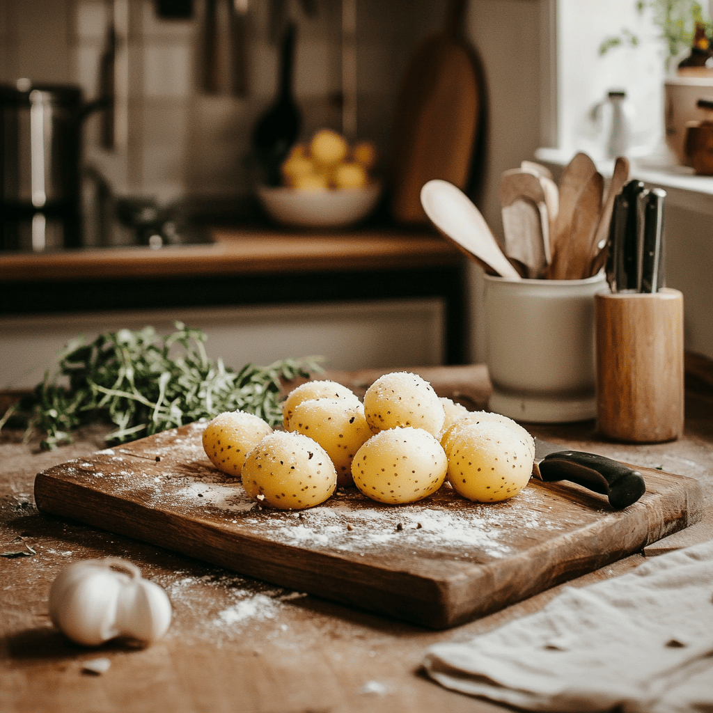 A warm and inviting modern kitchen filled with natural light, featuring a variety of cooking tools and ingredients related to potato dishes. Counters adorned with utensils, bowls, and various spices, creating a cozy yet professional atmosphere. The overall scene evokes a sense of homeliness, without focusing on a single dish, illustrating the joy of cooking with potatoes.