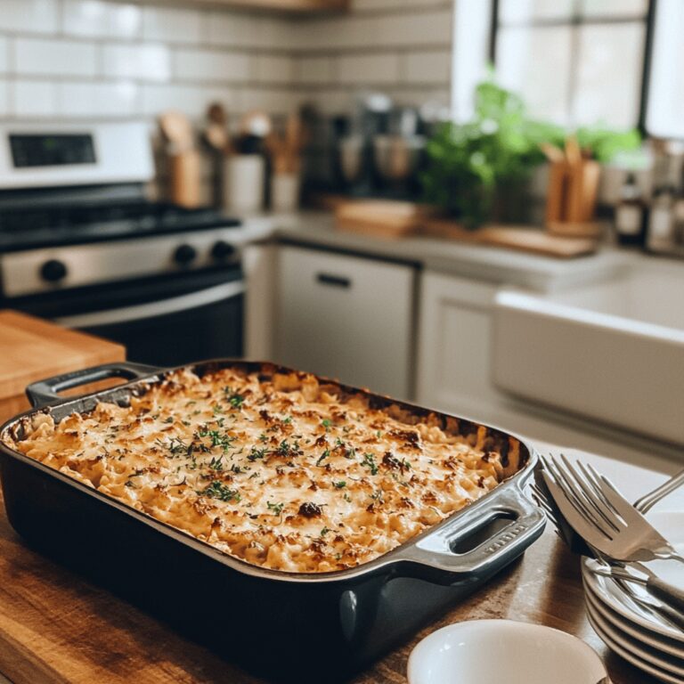 A cozy modern kitchen with natural lighting, featuring a wooden countertop scattered with various cooking utensils, bowls of fresh ingredients, and a baking dish ready to be filled, all arranged invitingly to reflect a homely yet professional atmosphere for a food blog about casseroles.