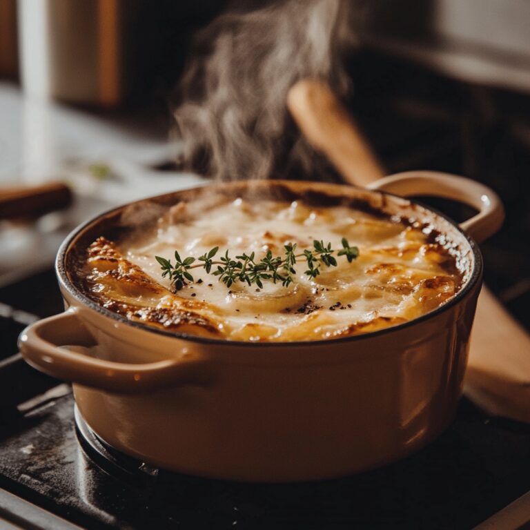 A cozy modern kitchen bathed in soft, natural light, featuring an inviting arrangement of cooking utensils, ingredients like onions and broth, and a gently simmering pot on the stove. The countertop is neatly organized with bowls and spices, reflecting a homely yet professional atmosphere, capturing the essence of simple and smart cooking techniques for French onion soup.