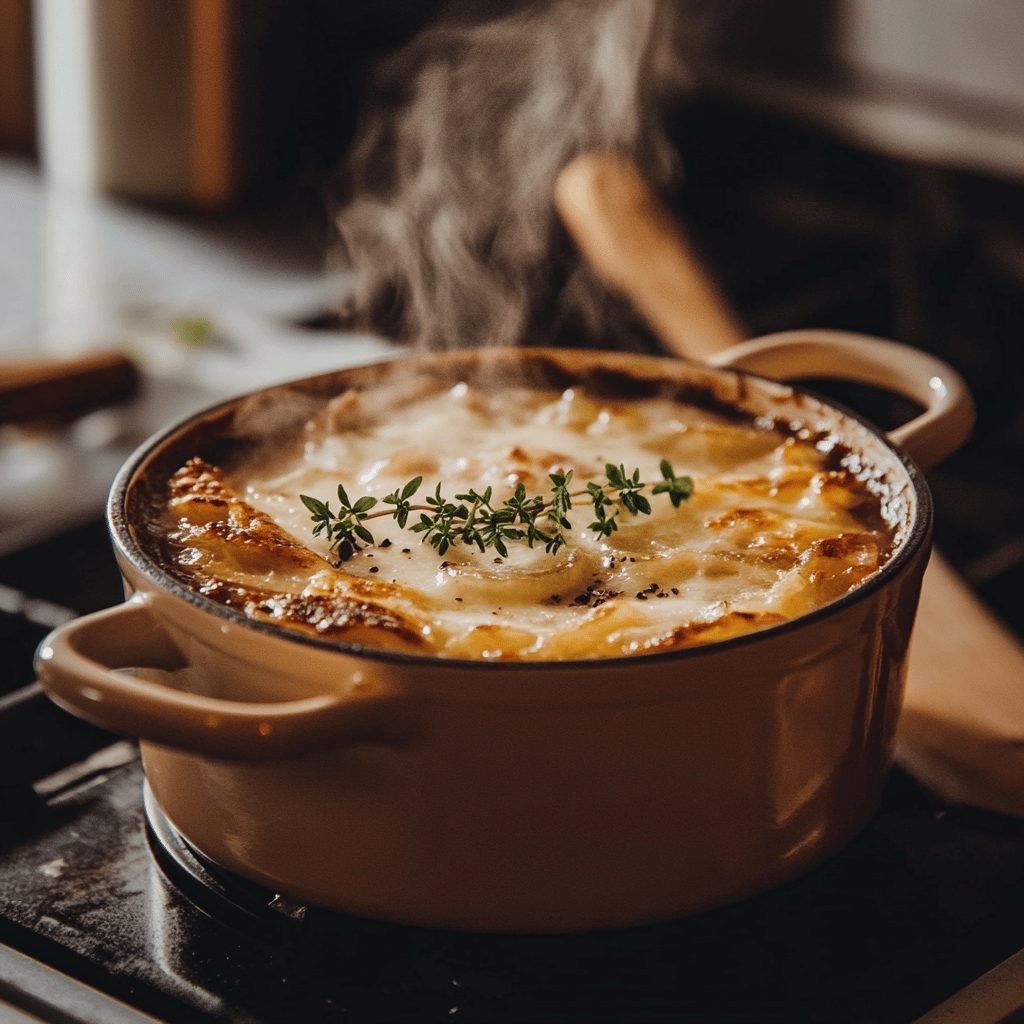 A cozy modern kitchen bathed in soft, natural light, featuring an inviting arrangement of cooking utensils, ingredients like onions and broth, and a gently simmering pot on the stove. The countertop is neatly organized with bowls and spices, reflecting a homely yet professional atmosphere, capturing the essence of simple and smart cooking techniques for French onion soup.