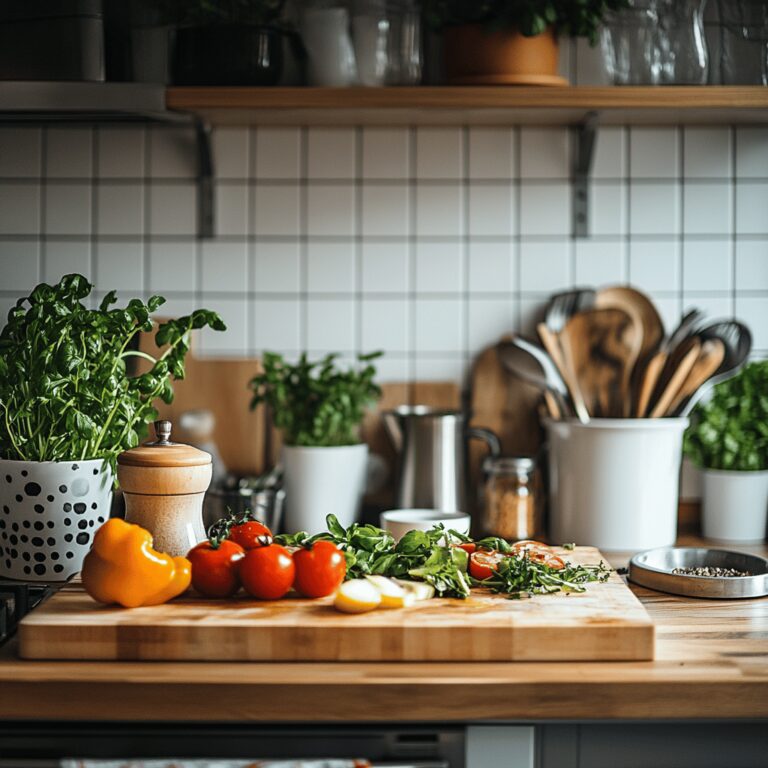 A warm, inviting modern kitchen filled with natural light, featuring a variety of cooking tools, fresh ingredients, and cheerful utensils arranged artfully on countertops. The scene conveys a cozy, homely atmosphere, suggesting the ease and simplicity of preparing meals, with bowls, spices, and a few cooking techniques subtly highlighted, all reflecting the theme of a quick Friday recipe for Lent.