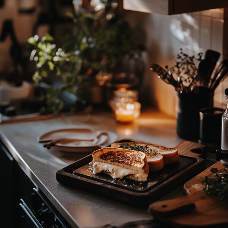 A warm and inviting kitchen scene featuring a modern countertop with a skillet, a jar of mayonnaise, and various ingredients like bread, cheese, and fresh herbs arranged artfully. Soft, natural lighting streams in, highlighting cooking utensils and bowls, creating a cozy atmosphere perfect for a food blog.