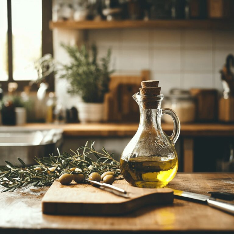 A warm and inviting kitchen scene featuring various cooking tools and ingredients, with a rustic countertop displaying a few bottles of olive oil. Some have visible signs of age like cloudiness or sediment, subtly hinting at the blog's theme. Natural light filters through a nearby window, enhancing the cozy atmosphere, while elegant utensils and bowls are neatly arranged, creating a professional yet homely feel.