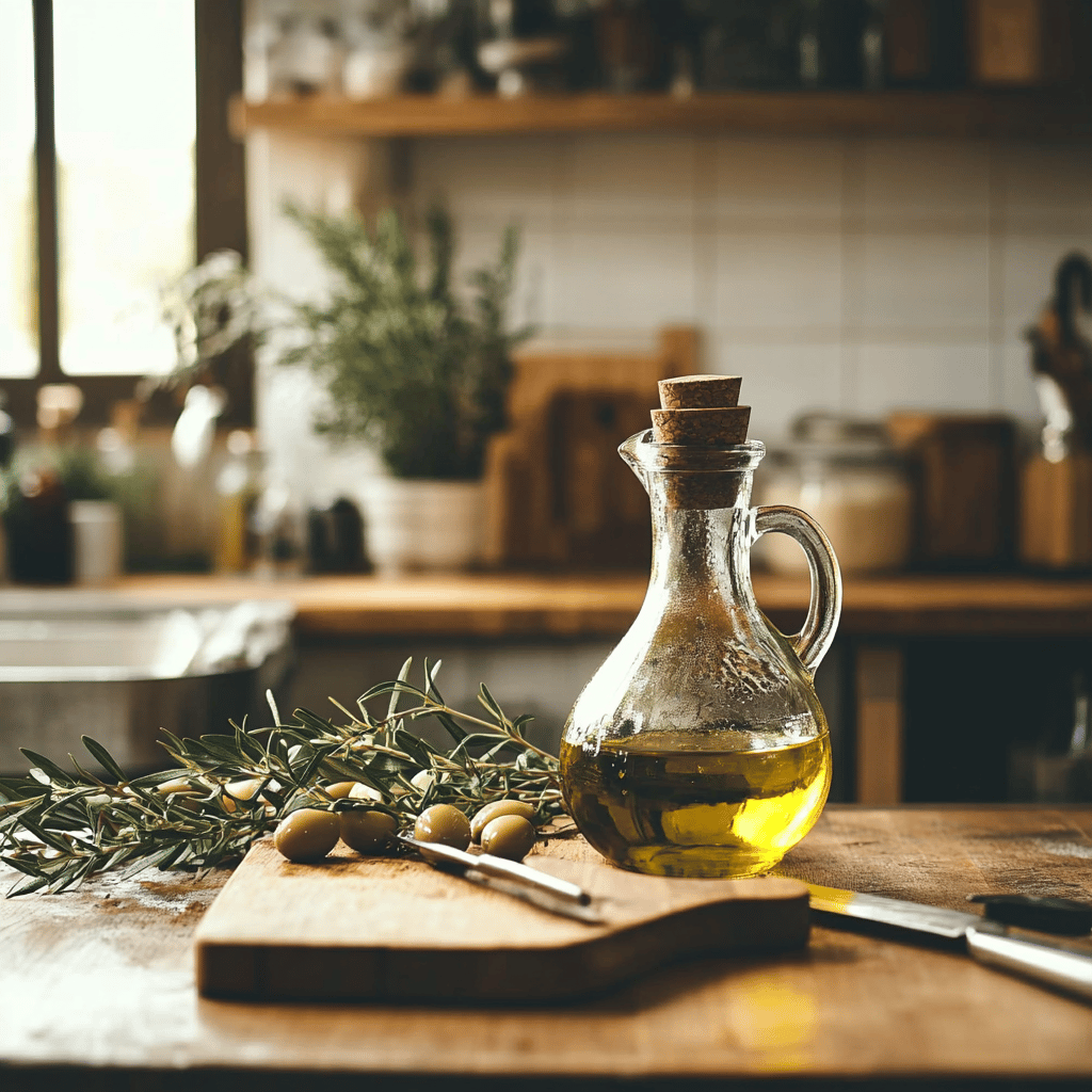 A warm and inviting kitchen scene featuring various cooking tools and ingredients, with a rustic countertop displaying a few bottles of olive oil. Some have visible signs of age like cloudiness or sediment, subtly hinting at the blog's theme. Natural light filters through a nearby window, enhancing the cozy atmosphere, while elegant utensils and bowls are neatly arranged, creating a professional yet homely feel.