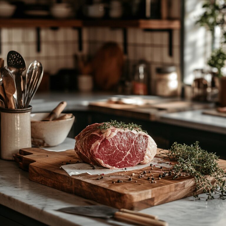 A warm, inviting modern kitchen filled with cooking tools and fresh ingredients, showcasing a cozy atmosphere. The countertops are adorned with utensils, bowls, and various meats in bloated packaging, subtly hinting at the blog's theme. Natural light filters in, creating a friendly ambiance that captures the essence of home cooking.