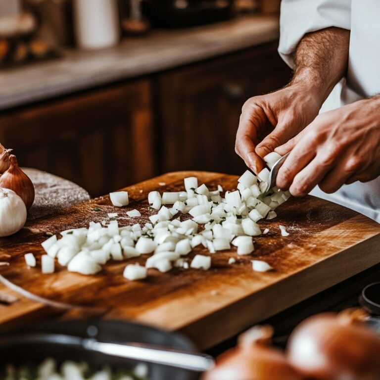 An inviting modern kitchen with a warm and cozy vibe, featuring a wooden countertop adorned with a cutting board, a sharp knife poised next to a diced onion. Soft, natural lighting streams in, highlighting various cooking tools like a set of measuring spoons, colorful ingredient jars, and a fresh herb plant in the background. The scene subtly suggests the art of cooking without focusing on a specific dish, evoking a homely yet professional atmosphere perfect for a food blog.