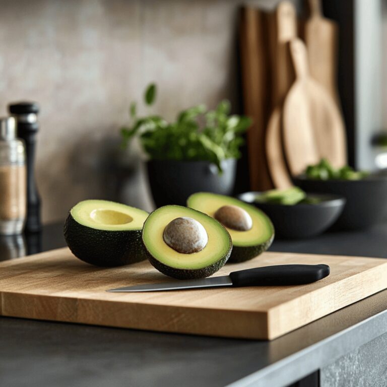 A modern kitchen with a warm, cozy vibe featuring a variety of cooking tools and ingredients for slicing avocados. The scene includes a cutting board, a sharp knife, and a bowl of ripe avocados, with natural light illuminating the countertop. Subtle details like utensils and decorative kitchen elements create a homely yet professional atmosphere, reflecting the theme of a food blog.