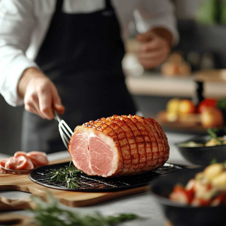 An inviting modern kitchen bathed in warm, natural light, showcasing a variety of cooking tools and ingredients neatly arranged on the countertops. The scene features a wooden cutting board with fresh herbs, a set of colorful mixing bowls, and professional-grade utensils, all creating a cozy yet sophisticated atmosphere that reflects the theme of keeping baked ham moist.