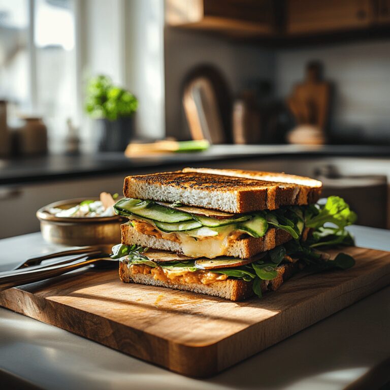 A warm, cozy modern kitchen filled with natural light, featuring a countertop adorned with vibrant ingredients for a simple sandwich, including fresh bread, a jar of spread, and fresh greens. Cooking utensils and bowls are artfully arranged in the background, creating an inviting atmosphere that reflects the theme of a food blog. The scene captures a homey yet professional vibe, highlighting the joy of simple cooking without focusing on a single dish.
