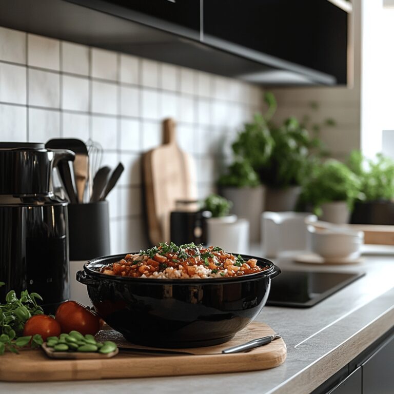 A warm, inviting modern kitchen filled with cooking tools and ingredients, showcasing a cozy atmosphere. Soft, natural lighting bathes the countertop where various utensils and bowls are arranged, subtly hinting at a slow cooker while creating an inviting space. The scene embodies a homely, professional vibe, ideal for a food blog about crowd-pleasing recipes.