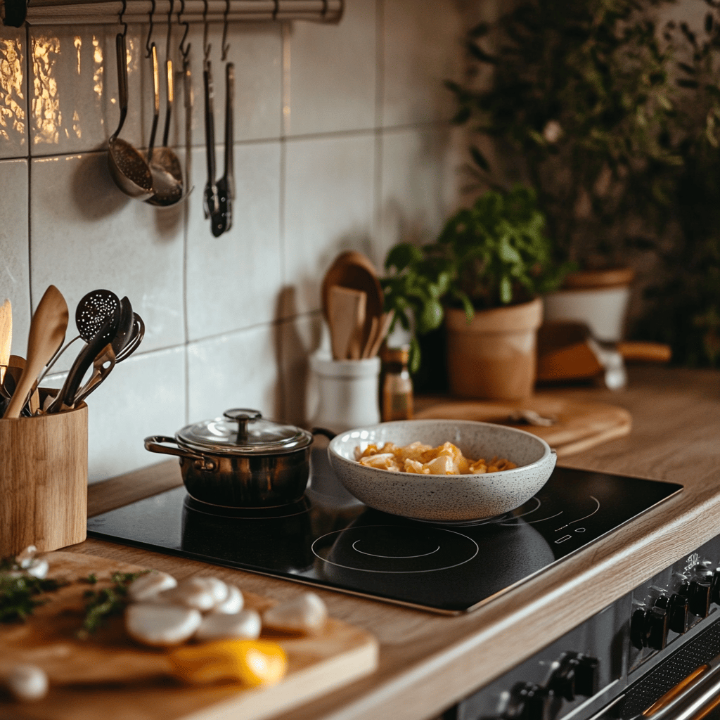 An inviting modern kitchen with a warm, cozy ambiance, featuring a well-organized stovetop and various cooking tools, ingredients in bowls, and utensils scattered around. The lighting is natural and friendly, enhancing the homely yet professional feel of the space, reflecting the theme of maintaining a clean and welcoming cooking environment.