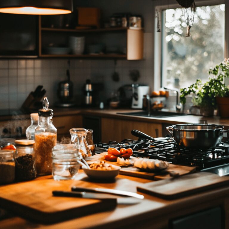 A warm and cozy modern kitchen filled with cooking tools, fresh ingredients, and subtle hints of food preparation. The scene captures a friendly, inviting atmosphere, featuring well-organized utensils, colorful bowls, and a clean countertop, all under natural, soft lighting that creates a homely yet professional vibe, emphasizing the theme of discerning when to leave a restaurant.
