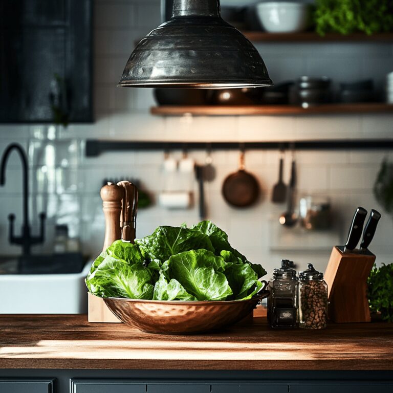 A cozy modern kitchen scene featuring fresh lettuce in a bowl on the countertop, surrounded by various cooking utensils and ingredients. Natural light streams in, highlighting a subtle trick for keeping lettuce crisp, with hints of vibrant colors from fresh vegetables nearby. The overall atmosphere is warm and inviting, perfect for a food blog.