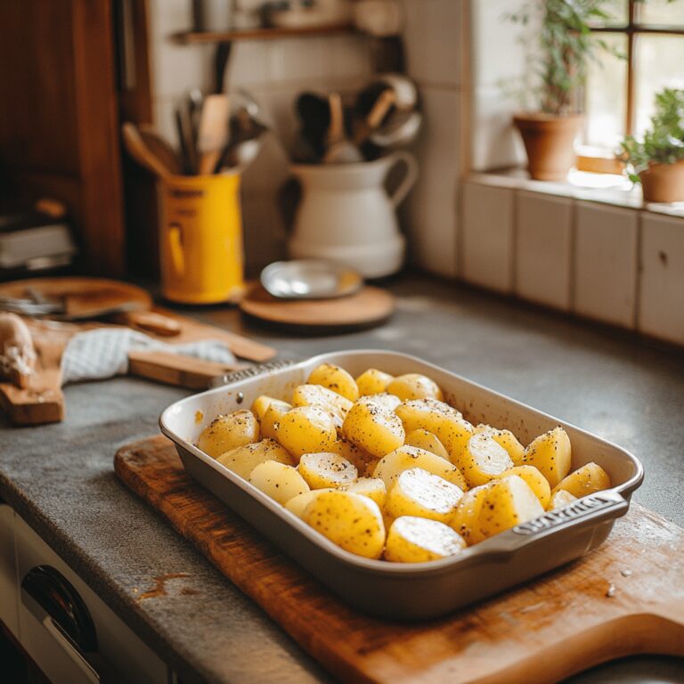 A warm and inviting modern kitchen is captured, featuring a mix of cooking utensils, fresh ingredients, and cozy decor. The countertops are tidy with a wooden cutting board, a bowl of unpeeled potatoes, and a few herbs scattered around. Soft, natural light streams in through a window, illuminating the space and creating a friendly atmosphere. The background hints at a Lipton box, subtly connecting to the recipe theme, while decorative elements like a pot and colorful dish towels enhance the cozy vibe. The overall composition feels organic and welcoming, embodying the essence of home cooking.
