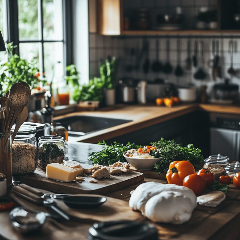 A warm and inviting modern kitchen filled with cooking tools and ingredients, featuring a well-organized countertop with an array of colorful bowls, utensils, and a hint of leftovers in the background. The lighting is natural and friendly, creating a cozy atmosphere that reflects a food blog's theme, emphasizing the importance of food safety without focusing on a specific dish.