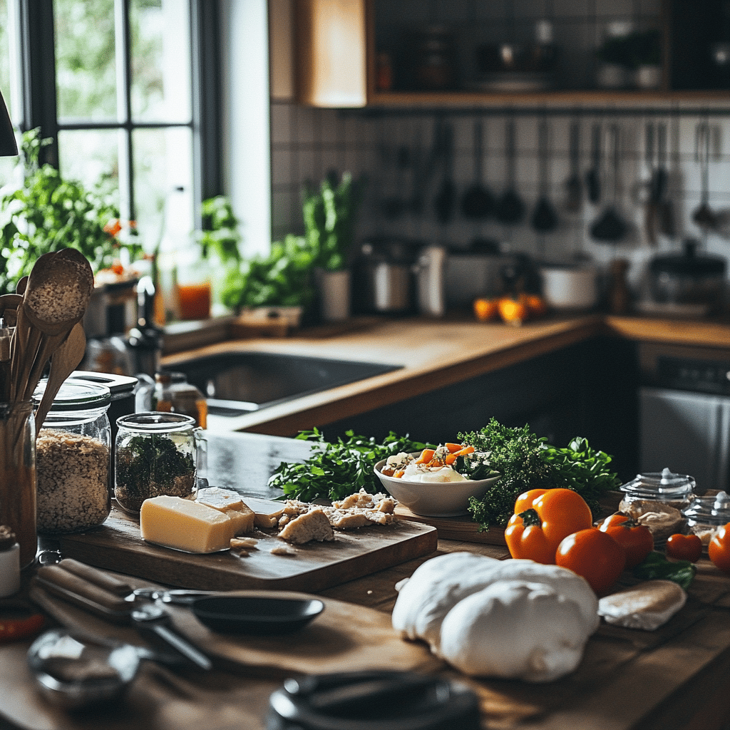 A warm and inviting modern kitchen filled with cooking tools and ingredients, featuring a well-organized countertop with an array of colorful bowls, utensils, and a hint of leftovers in the background. The lighting is natural and friendly, creating a cozy atmosphere that reflects a food blog's theme, emphasizing the importance of food safety without focusing on a specific dish.