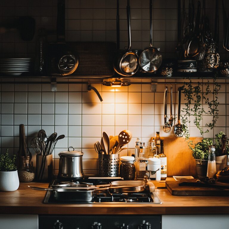 A warm, inviting modern kitchen featuring a variety of cooking tools and ingredients, with a cozy ambiance. The scene includes wooden countertops, colorful bowls, and elegant utensils, subtly hinting at the theme of a vintage cookbook without centering on a single dish. Natural, friendly lighting enhances the homely yet professional atmosphere, making the space feel welcoming for a food blog audience.