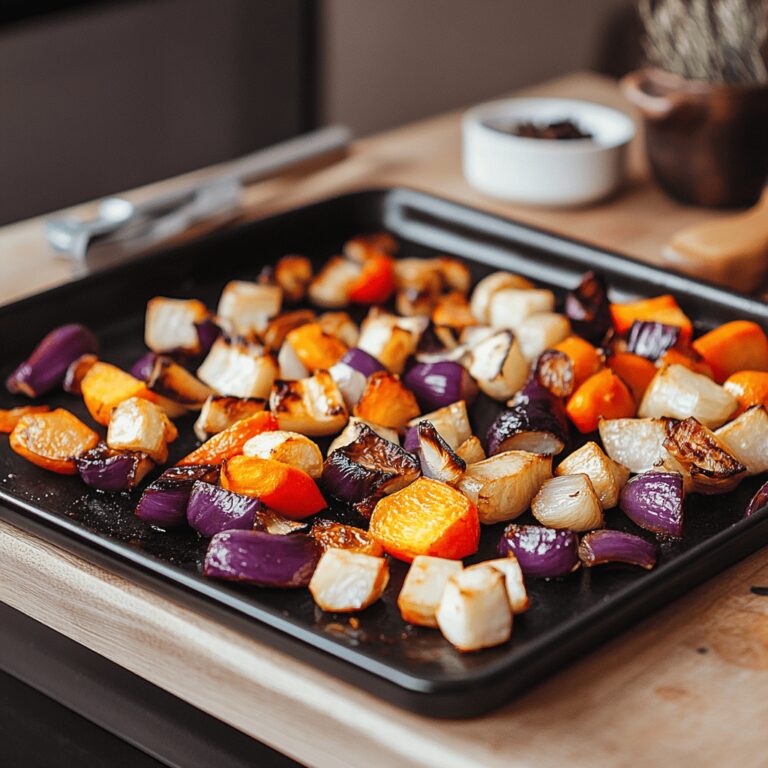 A cozy, modern kitchen filled with fresh vegetables and cooking tools, showcasing colorful, crispy roasted vegetables on a rustic wooden countertop. Soft natural light bathes the scene, highlighting inviting utensils, bowls, and fresh herbs, creating a warm atmosphere that reflects a welcoming space for cooking.
