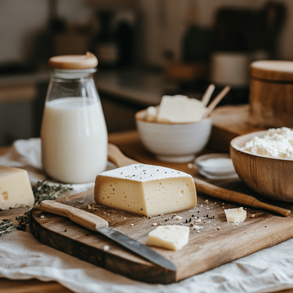 A cozy, modern kitchen featuring various expired dairy products arranged artistically on a countertop, surrounded by cooking utensils, bowls, and ingredients. Soft, natural lighting highlights the scene, emphasizing a warm and inviting atmosphere. Subtle cues reflect the theme of food safety and exploration, while the overall composition maintains a professional yet homely feel.