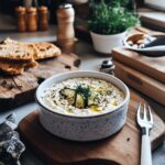 An inviting modern kitchen scene showcasing a variety of cooking tools and ingredients for a food blog, featuring warm lighting, cozy decor, and elements like utensils, bowls, and countertops, alluding to a quick and easy pickle dip recipe.