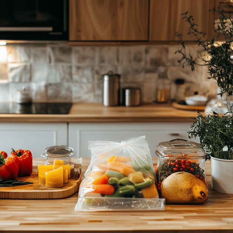 An inviting kitchen scene featuring various cooking utensils, ingredients, and plastic bags on a countertop, illuminated by warm, natural light, creating a cozy atmosphere. The background subtly highlights the theme of reusing plastic bags, with a mix of vibrant vegetables and neatly arranged containers, enhancing the professional yet homely feel of the space.