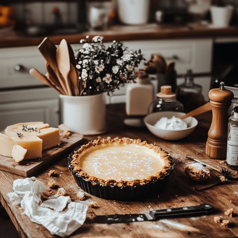 A warm and inviting modern kitchen filled with natural light, featuring a countertop adorned with cooking tools, mixing bowls, and fresh ingredients. In the background, a beautifully baked Impossible Pie sits on a cooling rack, its creamy, buttery texture visible. The scene conveys a cozy, homely atmosphere while subtly reflecting the theme of the food blog with carefully arranged kitchen utensils and a hint of the baking process.
