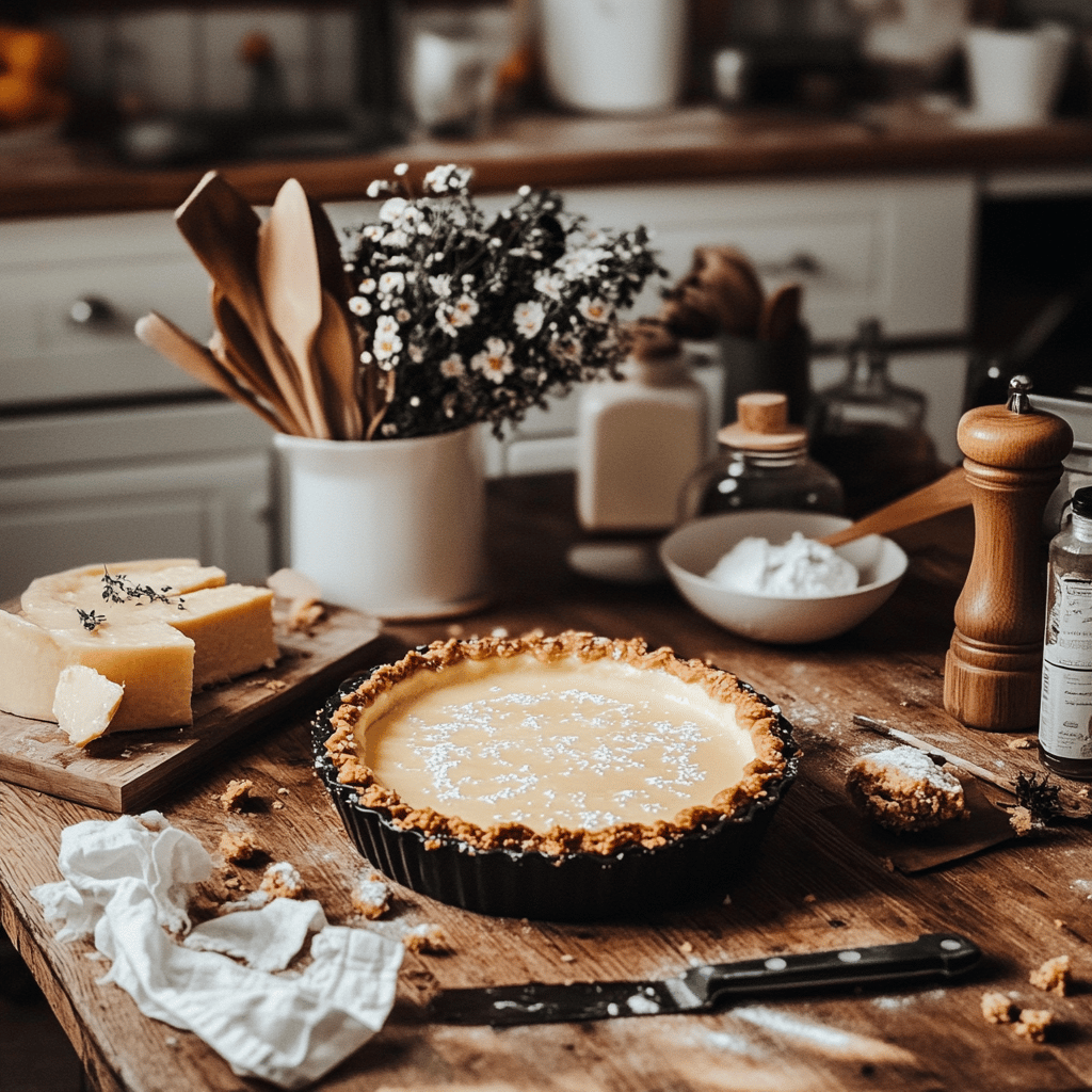 A warm and inviting modern kitchen filled with natural light, featuring a countertop adorned with cooking tools, mixing bowls, and fresh ingredients. In the background, a beautifully baked Impossible Pie sits on a cooling rack, its creamy, buttery texture visible. The scene conveys a cozy, homely atmosphere while subtly reflecting the theme of the food blog with carefully arranged kitchen utensils and a hint of the baking process.