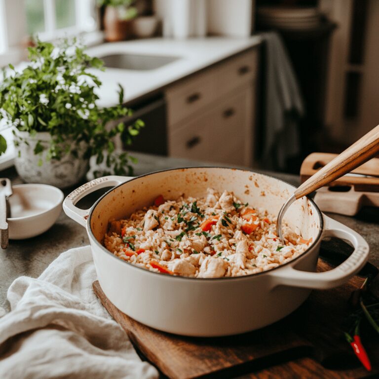 An inviting modern kitchen scene featuring a variety of cooking tools and fresh ingredients, bathed in warm, natural light. The countertops are adorned with utensils, bowls, and subtle hints of Southern cooking, evoking a cozy atmosphere perfect for a food blog.