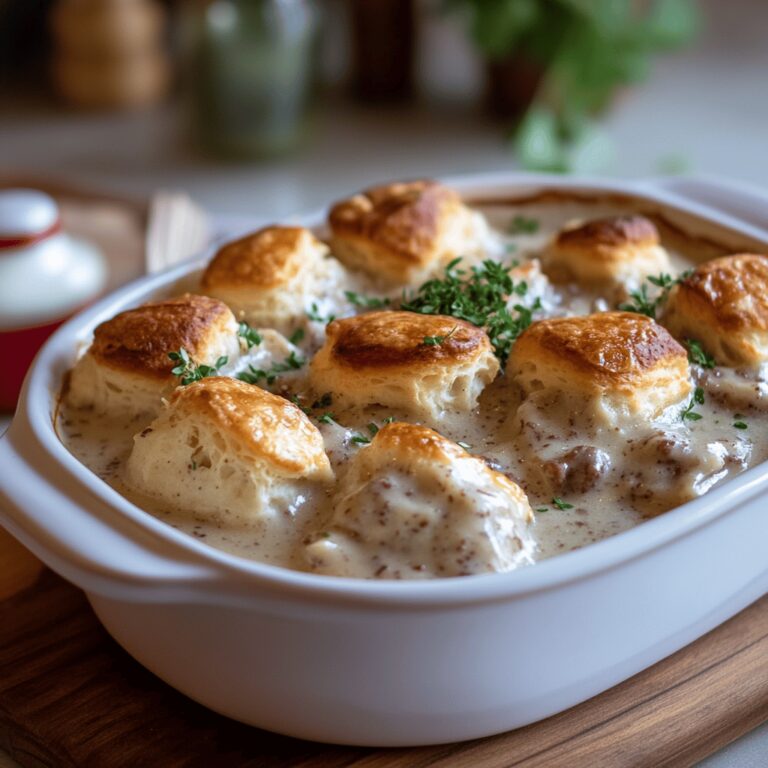 A warm and cozy modern kitchen adorned with various cooking tools and fresh ingredients, featuring a casserole dish filled with biscuits and gravy but not the main focus. Soft, natural light fills the space, highlighting utensils, bowls, and a welcoming countertop, creating an inviting atmosphere perfect for a food blog setup.
