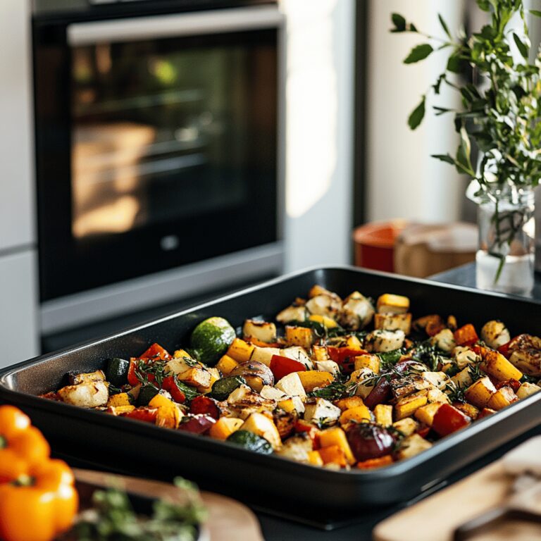 A warm, cozy kitchen scene showcasing a variety of fresh vegetables, cooking utensils, and bowls on a countertop, with natural light streaming in. The image conveys a welcoming atmosphere, highlighting cooking tools and ingredients that hint at the techniques for achieving extra crispy roasted vegetables, without focusing on a single dish.
