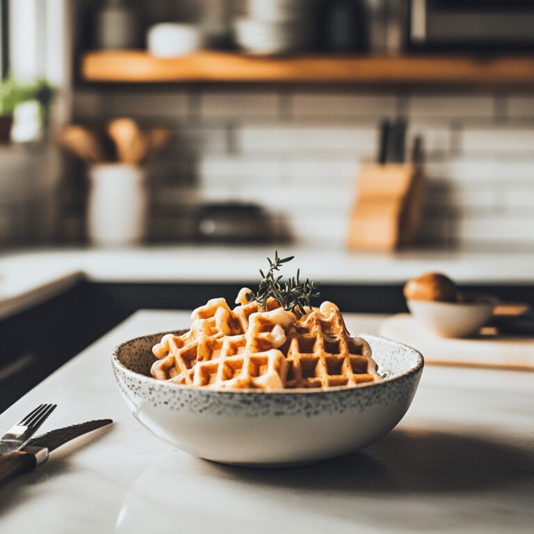 A cozy modern kitchen filled with warm, natural light, showcasing an array of kitchen tools and ingredients. Various utensils, bowls, and a countertop display suggest a homely yet professional atmosphere, while subtly hinting at creative ways to use frozen waffles, without focusing on a single dish. The scene invites viewers to explore culinary possibilities in a friendly and inviting environment.