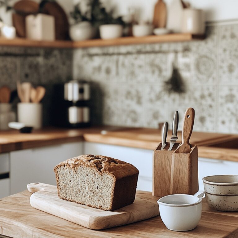 A warm and inviting kitchen scene featuring banana bread ingredients like ripe bananas, flour, and brown sugar on a rustic countertop. Cozy cooking utensils, mixing bowls, and a wooden cutting board are artistically arranged. Natural light flows in through a window, casting a friendly glow over the setting. The overall atmosphere conveys both homeliness and professionalism, with subtle hints of the blog's theme woven throughout the image.