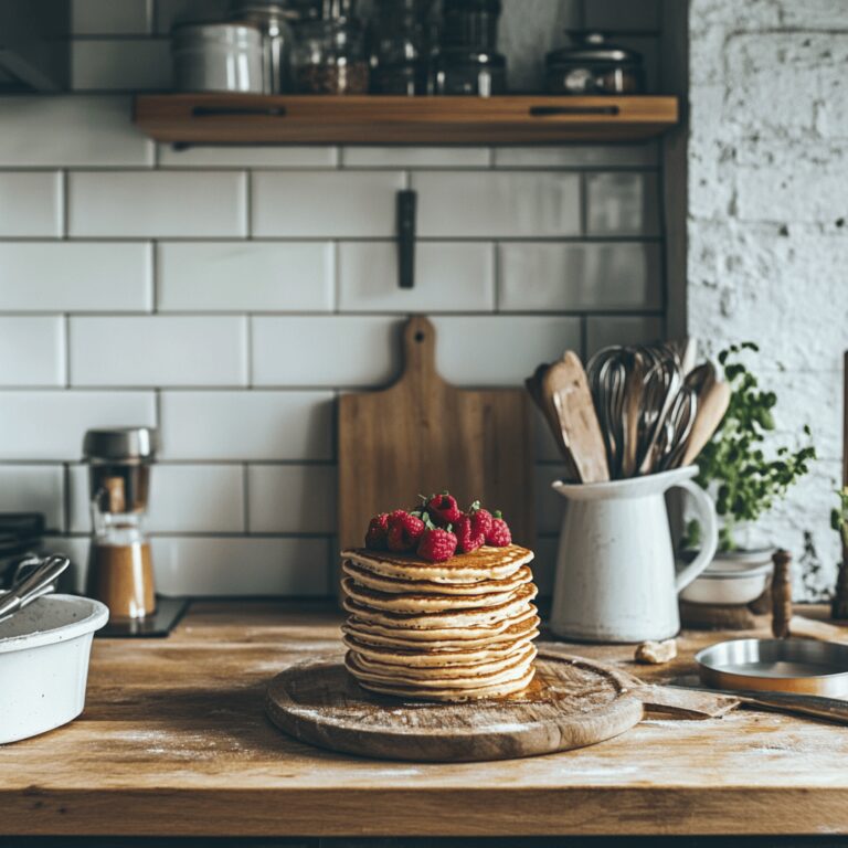 A warm and inviting modern kitchen filled with soft natural light, featuring a rustic wooden countertop adorned with various cooking utensils, bowls of fresh ingredients, and a stack of fluffy pancakes. The background includes subtle hints of cooking tools and a cozy atmosphere, reflecting a homely yet professional vibe, perfect for a food blog about popular pancake recipes.