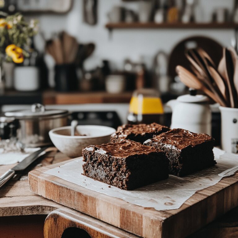 A warm and cozy modern kitchen scene featuring cooking tools and ingredients, with a focus on various kitchen details such as utensils, bowls, and countertops. The lighting is natural and friendly, creating an inviting atmosphere that subtly reflects the theme of a food blog about a special brownie recipe with a secret ingredient.