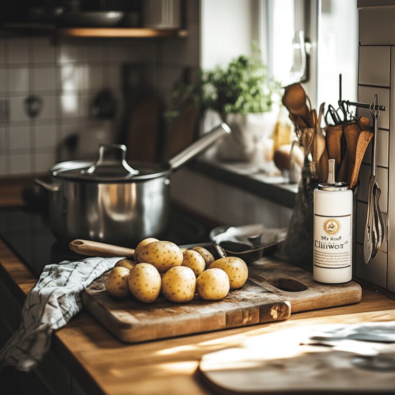 An inviting kitchen scene featuring various cooking utensils, bowls, and fresh ingredients scattered around a warm, cozy countertop. Soft, natural lighting enhances the atmosphere, highlighting a modern kitchen with hints of a potato dish being prepared. The image subtly incorporates the Lipton box without focusing on any single dish, creating a homely yet professional vibe that reflects the theme of a food blog.
