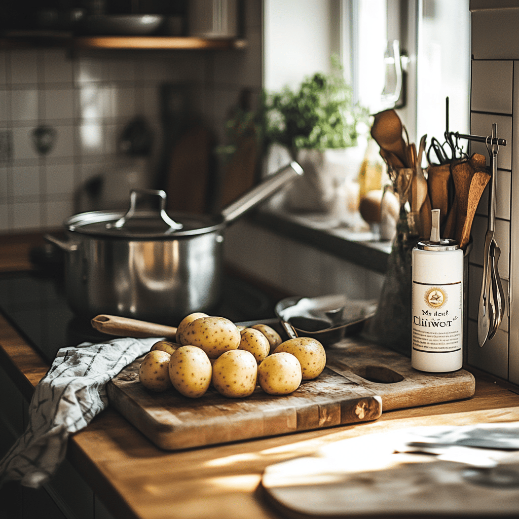 An inviting kitchen scene featuring various cooking utensils, bowls, and fresh ingredients scattered around a warm, cozy countertop. Soft, natural lighting enhances the atmosphere, highlighting a modern kitchen with hints of a potato dish being prepared. The image subtly incorporates the Lipton box without focusing on any single dish, creating a homely yet professional vibe that reflects the theme of a food blog.