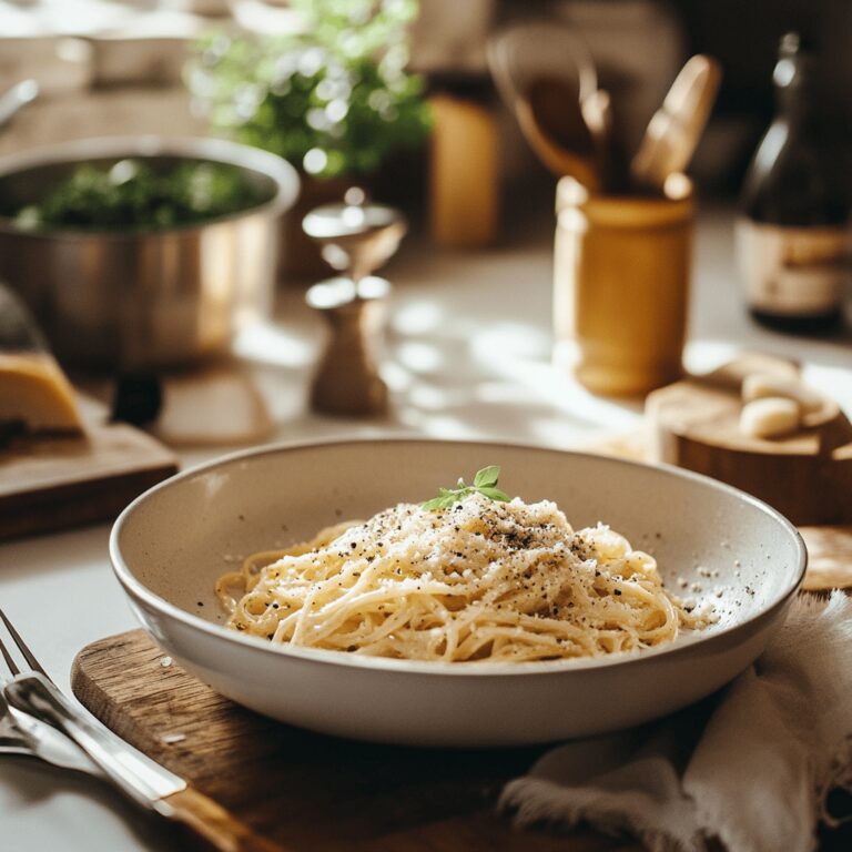 An inviting, warm-toned kitchen setting with a cozy vibe, featuring cooking tools and ingredients like cheese, pepper, and pasta scattered across a rustic countertop. The scene captures the essence of cooking with natural light illuminating various utensils and bowls, hinting at the technique for making foolproof Cacio e Pepe, while expressing a homely yet professional atmosphere.