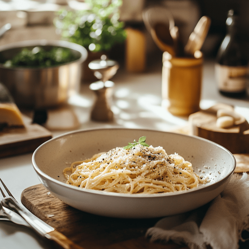 An inviting, warm-toned kitchen setting with a cozy vibe, featuring cooking tools and ingredients like cheese, pepper, and pasta scattered across a rustic countertop. The scene captures the essence of cooking with natural light illuminating various utensils and bowls, hinting at the technique for making foolproof Cacio e Pepe, while expressing a homely yet professional atmosphere.